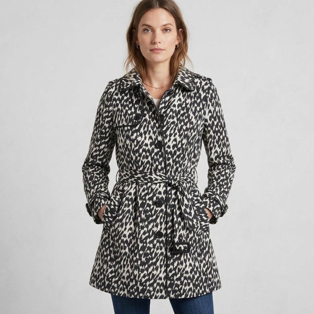 DIVIDED H&M Womens Trench Coat Jacket Size 10 Black White Animal Ikat Print